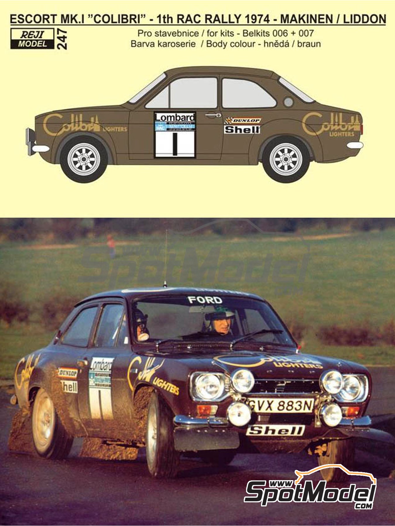 Ford Escort RS1600 Mk I sponsored by Colibri - Great Britain RAC Rally  1974. Marking / livery in 1/24 scale manufactured by Reji Model (ref.  REJI-247,